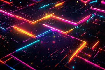 Obraz premium neon glowing geometric grid of interconnected squares and lines with vibrant particles and light streaks conveying dynamic futuristic energy