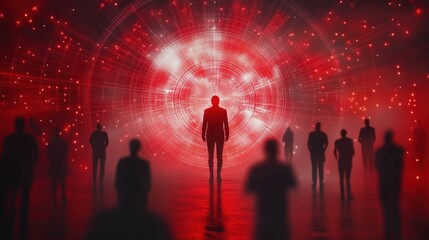 Silhouetted people facing a giant glowing red digital portal surrounded by particles and radial light, evoking awe, mystery and anticipation