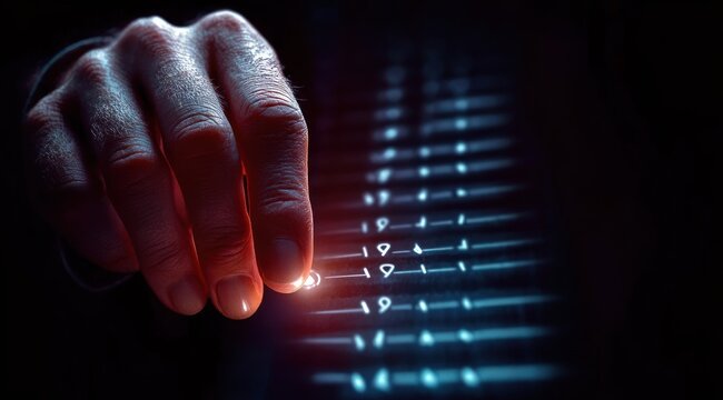Close-up of a hand fingertip touching a glowing digital interface with blue binary-like lights and a warm red touch glow, evoking focused tension and precise control - Powered by Adobe