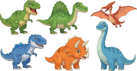 Cute cartoon dinosaur vector collection with Tyrannosaurus Rex Triceratops Brachiosaurus and Pterodactyl characters for children's educational books prehistoric nature and nursery wall art.