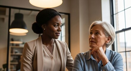 Young Black Businesswoman Listening to Senior White Woman in Modern Office