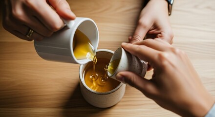 Hands Pouring Golden Liquid from Cups into Bowl on Wooden Table Close-up