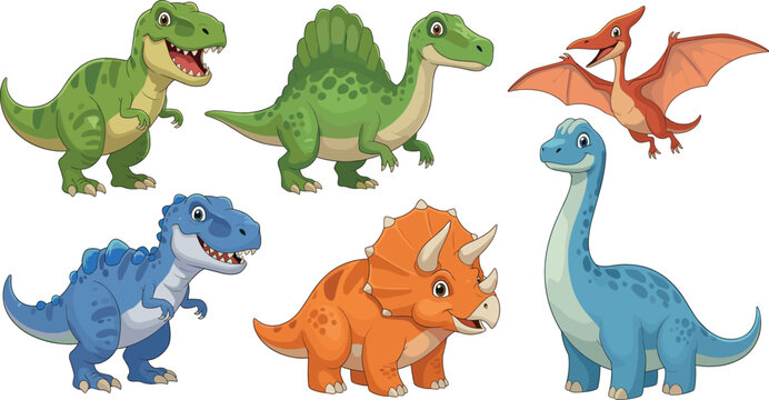 Cute cartoon dinosaur vector collection with Tyrannosaurus Rex Triceratops Brachiosaurus and Pterodactyl characters for children's educational books prehistoric nature and nursery wall art.