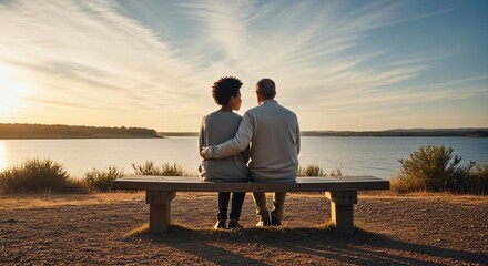 Couple Embracing on Bench Overlooking Lake at Sunset Rear View