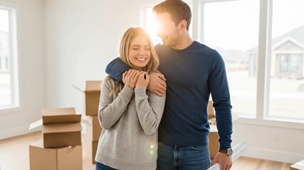 Excited young couple embraces in new home, celebrating real estate success.