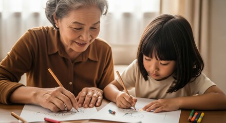 Grandmother and Granddaughter Drawing Together at Home Table with Warm Light