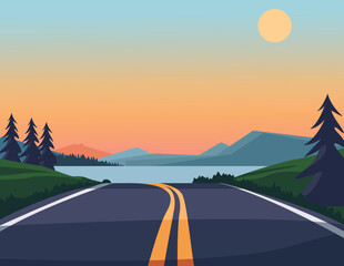 Winter mountain with lake and highway landscape illustration