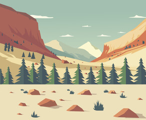 vector illustration of desert mountain with trees landscape