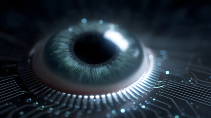 Visionary Technology: A close-up view of a futuristic eye integrated with a digital circuit, reflecting advancements in technology, artificial intelligence, and cybersecurity.