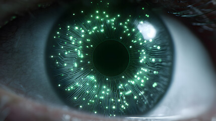 Digital Eye: A close-up shot of an eye, the iris transformed into a circuit board with glowing green nodes, visually representing the integration of technology and human perception.