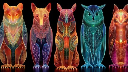 Neon style animal totems and spirit guides glowing with vibrant colors, digital designs perfect for NFT collections, spiritual art, and mystical digital projects.