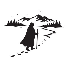 Solitary Traveler on a Mountain Journey with Staff and Footprints in Winter Landscape