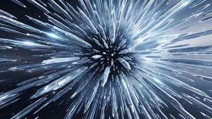 Explosion of Ice Shards and Frozen Particles Zooming into the Distance, Representing a Cold Blast or Winter Storm