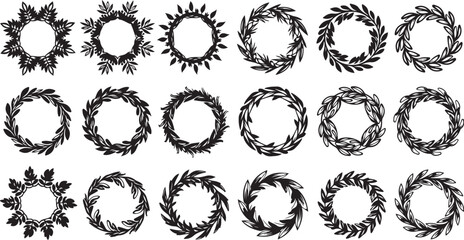 Collection of elegant black laurel wreaths for designs