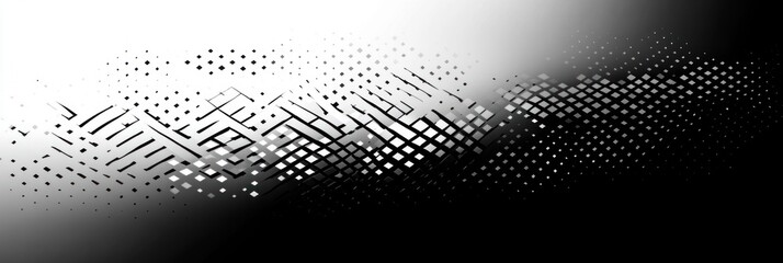 Black and white abstract widescreen composition with fragmented diagonal grid of squares, diamonds and halftone dots, high-contrast gradient conveying dynamic motion and modern tension
