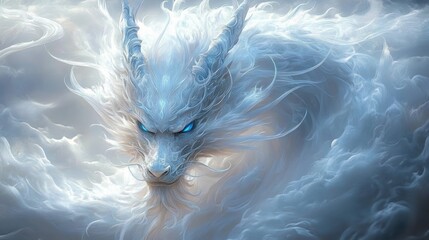 Majestic ethereal white dragon emerging from swirling clouds with glowing blue eyes, flowing mane, horns and whiskers, serene yet powerful otherworldly presence