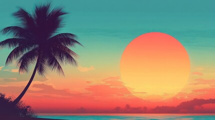 Obraz premium silhouette of a leaning palm tree beside a vast ocean with an oversized warm sun and colorful tropical sunset sky, serene and dreamy atmosphere