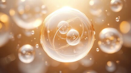 Glowing golden translucent bubble containing two nested spheres and swirling filaments, floating among warm bokeh lights, serene and ethereal