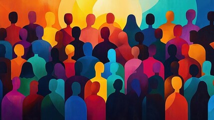 colorful abstract crowd of overlapping human silhouettes conveying unity and diversity with vibrant gradients and a warm uplifting mood