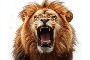 Close-up of a roaring male lion with a wild golden mane, mouth wide open showing sharp fangs and teeth, intense gaze and fierce majestic expression on a white background