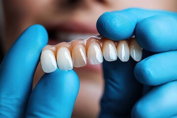 Close-up of blue-gloved hands holding a set of artificial teeth and pink gum with a smiling mouth in the blurred background, conveying clinical care and precision