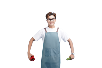 Cheerful Chef with Fresh Produce: A smiling chef holds up fresh vegetables, embodying the essence of healthy cooking and culinary artistry.
