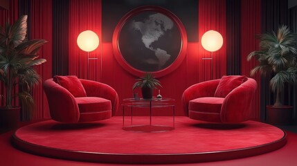 Symmetrical red lounge with two plush velvet armchairs on a circular red platform, glass coffee table with potted plant, globe floor lamps, round world map wall art, palms, warm cozy mood