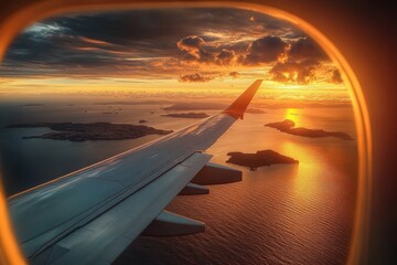 view from airplane window of wing over scattered islands at golden sunset with dramatic clouds, reflective sea and peaceful awe