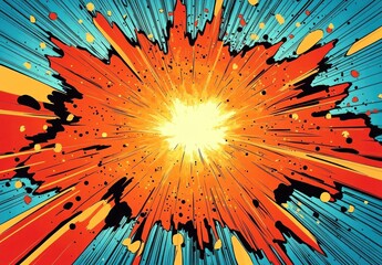 vibrant comic-style explosion with bright white center, orange and red splashes, cyan background, black ink splatters and radial speed lines conveying dramatic energetic impact