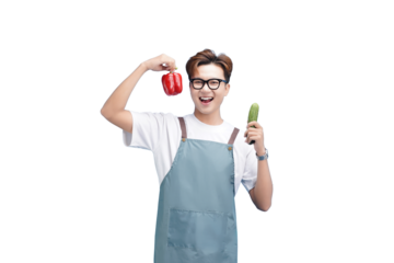 Cheerful Chef and Veggies: A young, enthusiastic chef joyfully displays fresh red bell pepper and cucumber, exuding health and freshness, radiating culinary passion