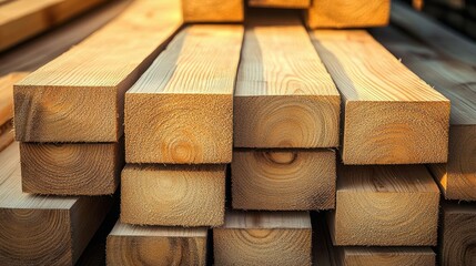 stack of freshly sawn wooden beams and planks with visible growth rings and end grain, bathed in warm sunlight conveying natural warmth and sturdy craftsmanship