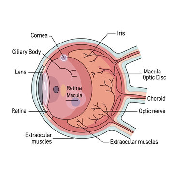 Detailed anatomical diagram of the human eye showing various labeled structures.