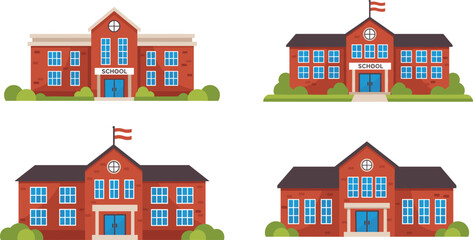 Flat vector illustration set of classic red brick school buildings with clock towers and flags isolated on white.