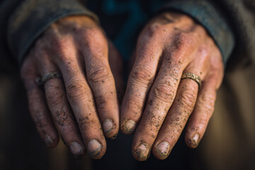 Fototapeta premium Close-up of dirty, weathered human hands showing rough skin, wrinkles, and traces of labor, expressing strength, endurance, and the physical reality of the human body.