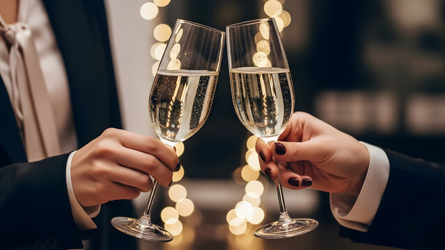Brindis rom&aacute;ntico con dos copas de espumoso y luces c&aacute;lidas de fondo, concepto de boda &iacute;ntima, compromiso o aniversario elegante