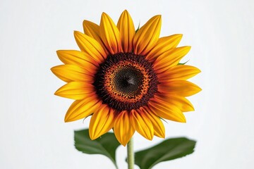 Fototapeta premium single vibrant sunflower with yellow and orange petals, dark seed center and green leaves on a clean white background, cheerful bright mood