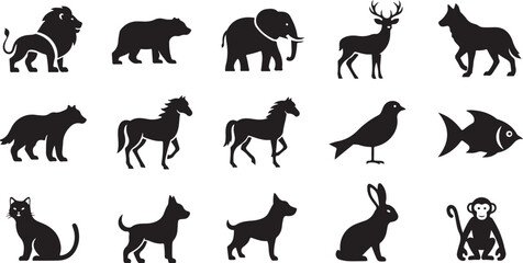 Black silhouettes of various animals on white background