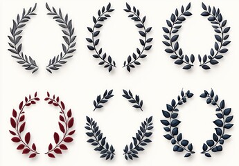 Obraz premium Six stylized laurel wreaths and leaf sprigs in black, blue, red and gray on a light background conveying elegance, victory and celebratory prestige