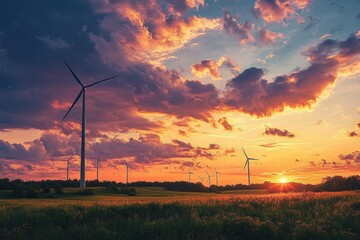 Obraz premium Wind turbines standing over a grassy field at sunset with dramatic colorful clouds, peaceful and majestic golden hour scene