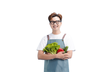 Happy Farmer with Fresh Produce: A smiling individual in an apron, spectacles, and tousled hair gleefully cradles a vibrant assortment of fresh vegetables.