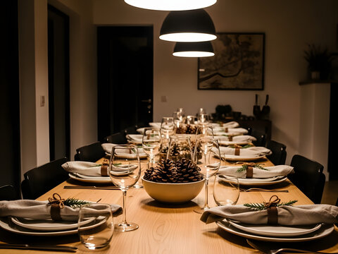 Comedor con mesa puesta e iluminaci&oacute;n tenue, ambiente nocturno elegante tipo restaurante para cena especial y experiencia gastron&oacute;mica