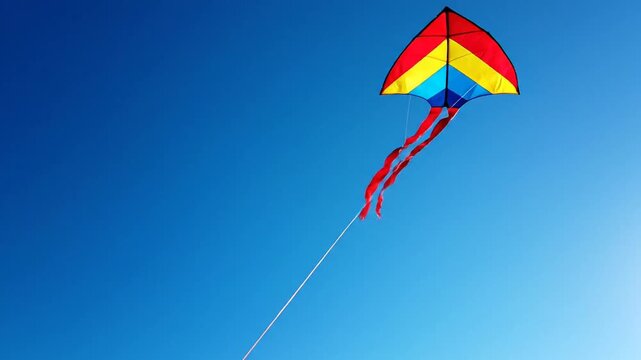 A Vibrant Multi-Colored Kite Soars High Against a Clear Deep Blue Sky on a Sunny Day Casting a Long String into the Vast Expanse Symbolizing Freedom and Joyful Outdoor Recreation