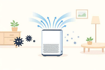 空気清浄機でウイルスや花粉を除去し室内の空気をきれいにするイメージイラスト