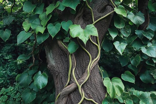Twining vines with heart-shaped leaves wrapped around a textured tree trunk in a lush green forest, conveying calm and natural connection - Powered by Adobe