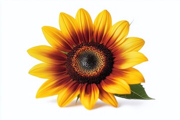 Obraz premium Close-up of a vibrant yellow and red sunflower head with a dark textured center and a single green leaf on a clean white background, cheerful and warm