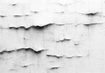 Obraz premium peeling white painted wall with layered horizontal torn edges, dark cracks and streaks, textured weathered surface conveying an aged, distressed mood
