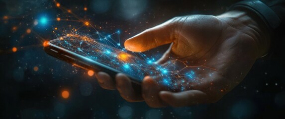 Hand holding smartphone with glowing blue and orange network of digital nodes and connecting lines emerging from screen, evoking wonder and futuristic connectivity