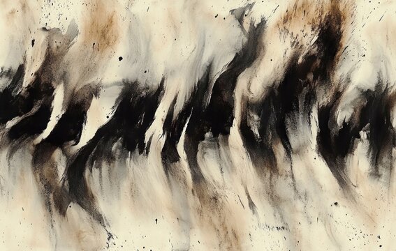 Dynamic abstract composition of black and brown ink and wash brushstrokes with splatters on a beige background, smoky flowing movement conveying energy and drama - Powered by Adobe