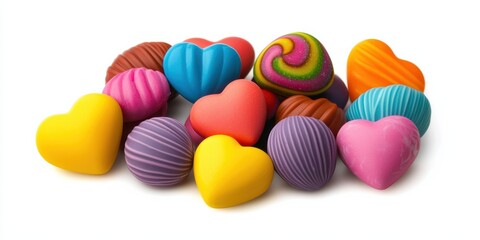  vibrant assortment of colorful heart-shaped candies arranged playfully, showcasing various textures and patterns.