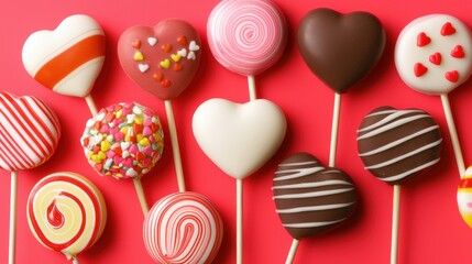 Colorful heart-shaped lollipops and candies arranged on a bright red background, creating a festive and playful vibe.